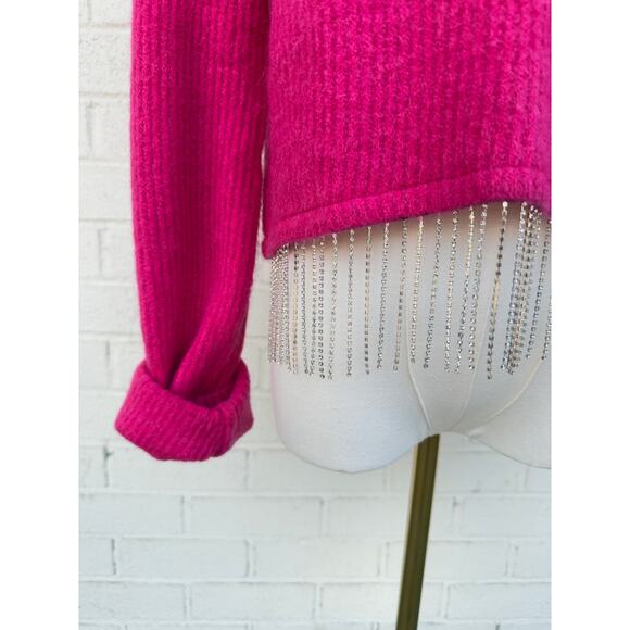 House of Harlow Hot Pink Fushcia Pullover Sweater Rhinestone Glam Dangle Small - Picture 7 of 8